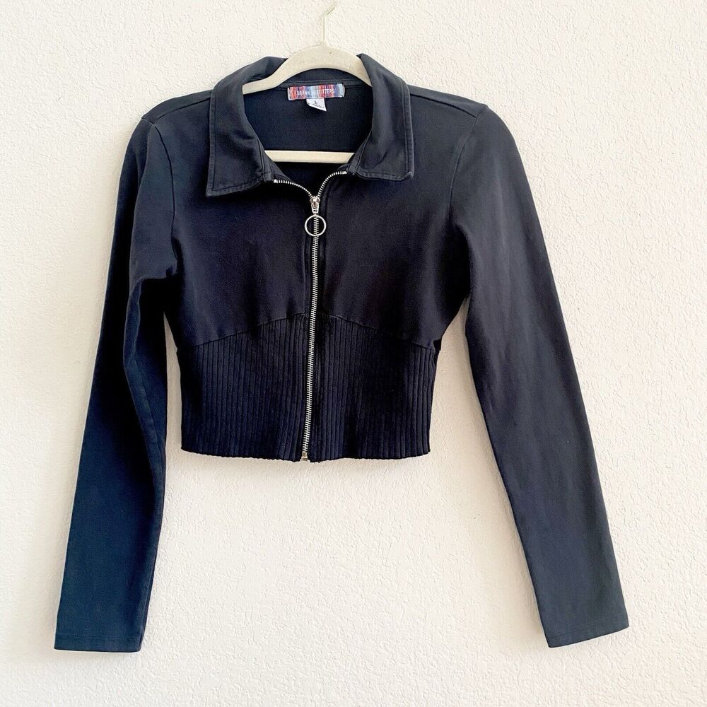 Urban Outfitters UO Sunny Collared Zip-Up Cardigan Large‎ Black  Long Sleeve